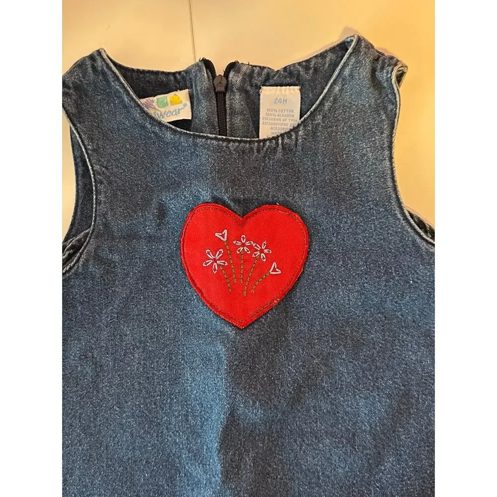 Miniwear Girl’s Denim Jumper Dress Size 24M Heart Logo Embroidered - Picture 3 of 7